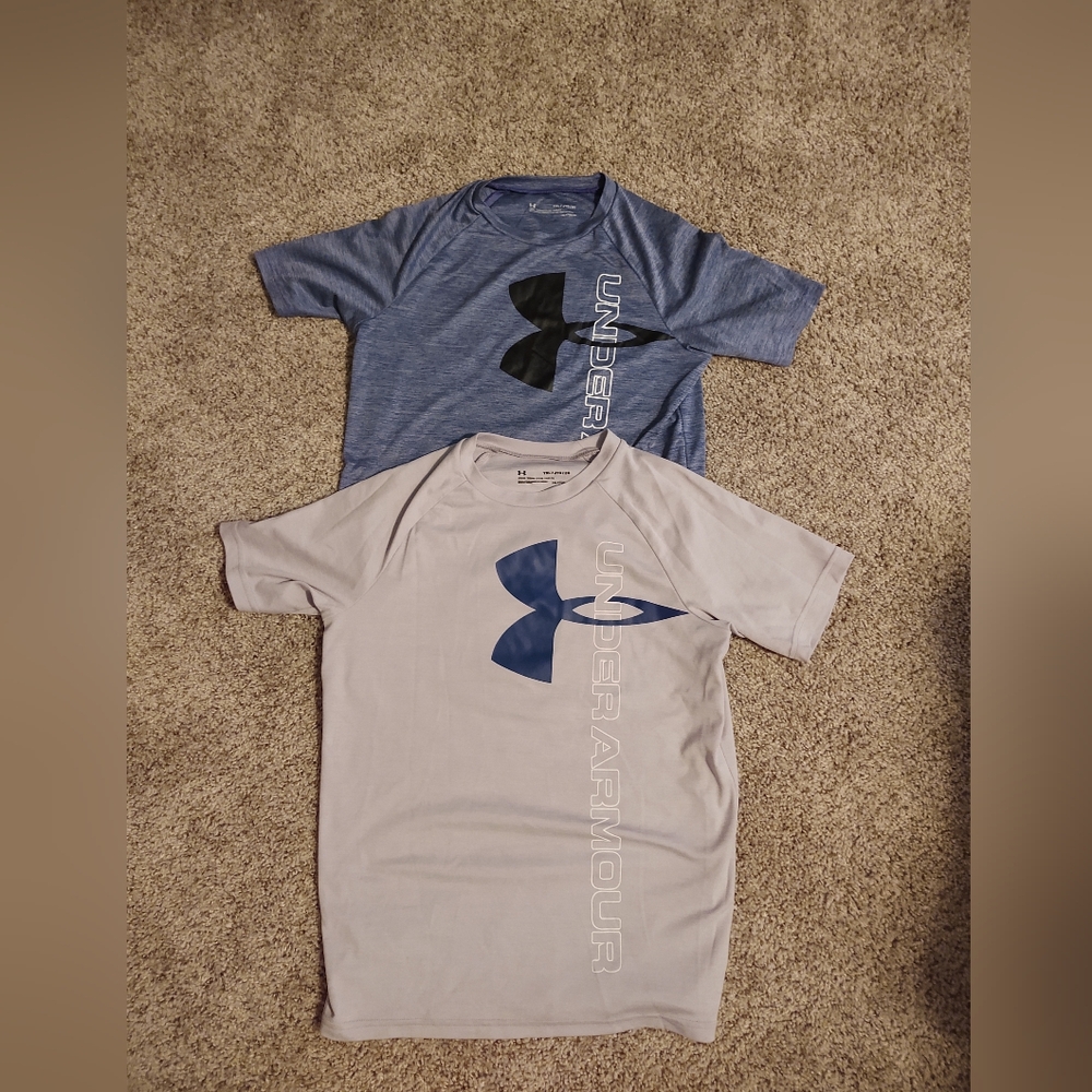 2 Under Armour shirts youth XL.  Great condition!  Grey and grey/blue.